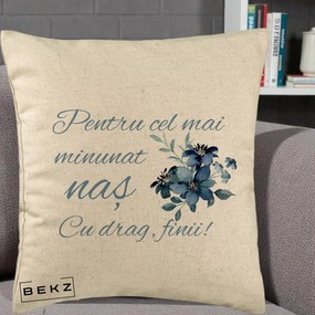 Cadou pentru Nas - Perna Personalizata Pentru Cel mai Minunat Nas Cu drag Finii, 40x40 cm, Bej, Husa Detasabila, Perna Inclusa, BEKZ®