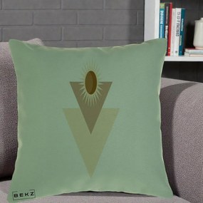 Perna Decorativa Boho Sun cu Triunghiuri Bej si Oval Solar, 40x40 cm, Verde, Husa Detasabila, Perna Inclusa, BEKZ®