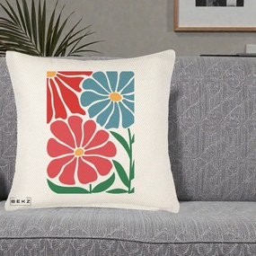 Perna Decorativa Flori Grafice Rosu-Albastru, 40x40 cm, Crem Reliefat, Husa Detasabila, Perna Inclusa, BEKZ®