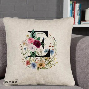 Cadou Personalizat - Perna Personalizata Monogram Litera E cu Flori Acuarela, 40x40 cm, Bej Canapea, Husa Detasabila, Perna Inclusa, BEKZ®