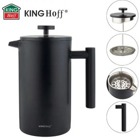 Presă franceză pentru cafea/ceai Kinghoff KH 1996, 1 l, Oțel inoxidabil, Pereți dubli, Negru