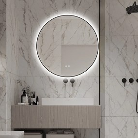 🪞 Oglindă LED cu Touch și Funcție Dezaburire, 3 Tipuri de Lumină – Ø70 cm, Ramă Negru Mat, Model J188-70 Smack
