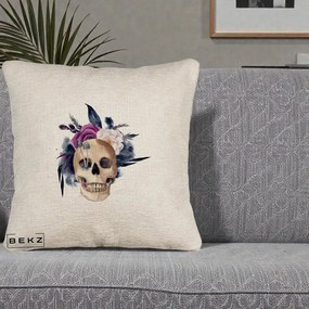 Perna Decorativa Craniu Floral cu Trandafiri si Ciuperci, 40x40 cm, Bej Canapea, Husa Detasabila, Perna Inclusa, BEKZ®