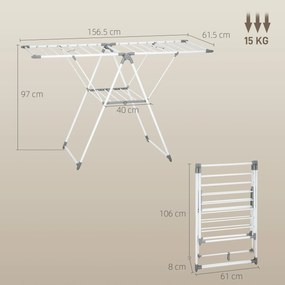 HOMCOM Uscător de Rufe cu 2 Niveluri Reglabil pe 4 Înălțimi Diferite, Uscător din Metal și Plastic, 156.5x61.5x97 cm, Alb | Aosom Romania