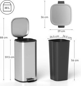Coș de Gunoi HOMCOM de 30L cu Închidere Amortizată și Găleată Detașabilă, Pedală din Metal și PP, 29x36x59,5 cm, Argintiu | Aosom Romania