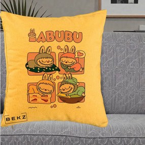 Perna Personalizata Labubu Sleeping Quad Grid, 40x40 cm, Galben, Husa Detasabila, Perna Inclusa, BEKZ®