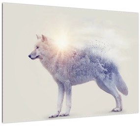 Tablou pe sticlă - Lupul arctic oglindit în peisaj sălbatic (70x50 cm)