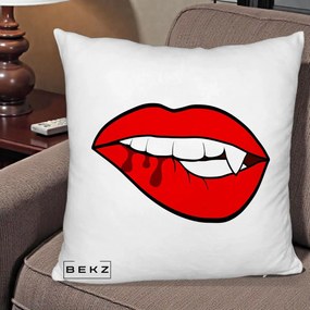 Perna Decorativa Vampire Lips Halloween, 40x40 cm, Alb Pufos, Husa Detasabila, Perna Inclusa, BEKZ®