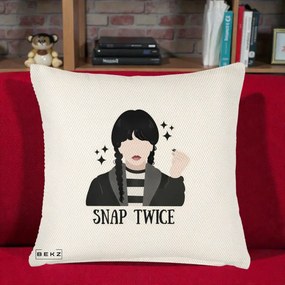 Perna Personalizata Wednesday Snap Twice, 40x40 cm, Crem Reliefat, Husa Detasabila, Perna Inclusa, BEKZ®