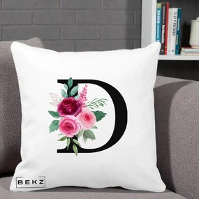 Cadou Personalizat - Perna Personalizata Monograma Florala Litera D, 40x40 cm, Alba Mata, Husa Detasabila, Perna Inclusa, BEKZ®