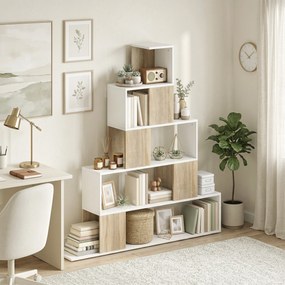 HOMCOM Bibliotecă cu 5 Rafturi Tip Trepte, Alb și Lemn Natural | Aosom Romania