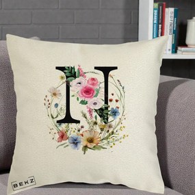 Cadou Personalizat - Perna Personalizata Monogram Litera N cu Flori Acuarela, 40x40 cm, Ecru, Husa Detasabila, Perna Inclusa, BEKZ®