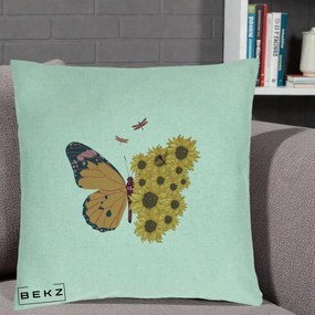 Perna Decorativa Fluture Floarea-Soarelui, 40x40 cm, Verde Menta, Husa Detasabila, Perna Inclusa, BEKZ®