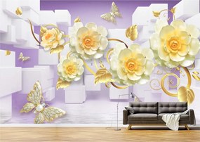 Tapet Premium Canvas - Abstract flori aurii si fluturi
