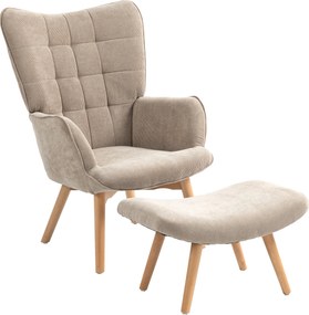HOMCOM Fotoliu cu Taburet din Catifea cu Model Crestat , Spătar Înalt și Brațe, 72x80x101 cm, Bej | Aosom Romania