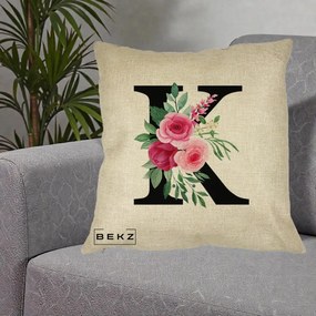 Cadou Personalizat - Perna Personalizata Monograma Florala Litera K, 40x40 cm, Crem, Husa Detasabila, Perna Inclusa, BEKZ®