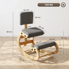 HOMCOM Scaun Ergonomic pentru Genunchi cu Spatar, Balansoar, Postural, In si Lemn Mesteacan, Gri | Aosom Romania