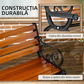 Outsunny Bancă de Exterior cu Cadru din Aluminiu, Scaun cu Două Locuri cu Cotieră Curbată, Șezut și Spătar din Lemn, 120x64x79 cm, Tec | Aosom Romania