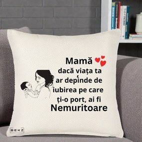 Cadou pentru Mama - Perna Personalizata Mama Nemuritoare Imbratisare Copil, 40x40 cm, Crem Reliefat, Husa Detasabila, Perna Inclusa, BEKZ®