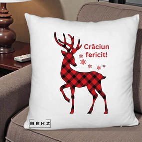 Perna Decorativa Ren Tartan Craciun Fericit, 40x40 cm, Alb Pufos, Husa Detasabila, Perna Inclusa, BEKZ®