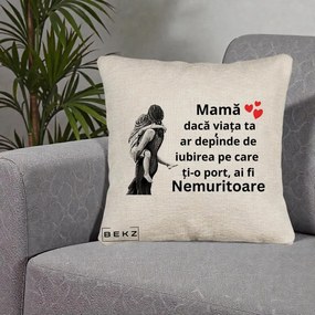 Cadou pentru Mama - Perna Personalizata Mama Nemuritoare Gravura Vintage, 40x40 cm, Bej Canapea, Husa Detasabila, Perna Inclusa, BEKZ®