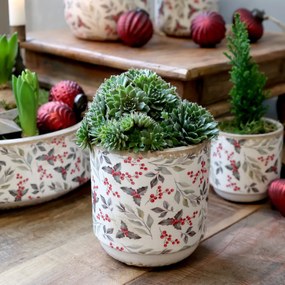 Ghiveci din ceramică cu frunze și fructe de pădure, aspect vintage, H13.5/D13 cm