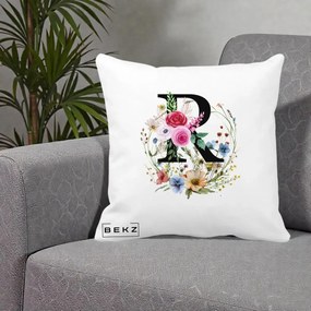 Cadou Personalizat - Perna Personalizata Monogram Litera R cu Flori Acuarela, 40x40 cm, Alba Mata, Husa Detasabila, Perna Inclusa, BEKZ®