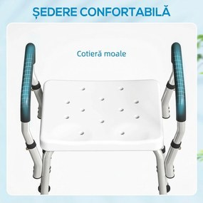 HOMCOM Scaun de Duș din Aluminiu, Reglabil pe Înălțime, cu Cotiere și Picioare Antiderapante, Alb | Aosom Romania