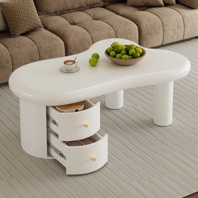Măsuță de cafea cu formă neregulată, 2 sertare, 97x64x42 cm, Alb