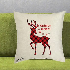 Perna Decorativa Ren Tartan Craciun Fericit, 40x40 cm, Ecru, Husa Detasabila, Perna Inclusa, BEKZ®