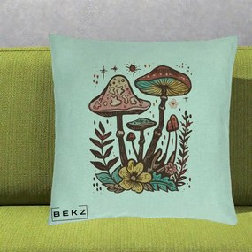 Perna Decorativa Ciuperci Boho Multicolore, 40x40 cm, Verde Menta, Husa Detasabila, Perna Inclusa, BEKZ®