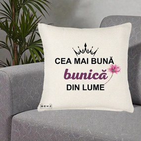Cadou pentru Bunica - Perna Personalizata Cea Mai Buna Bunica Din Lume Coroana Mov Floare Roz, 40x40 cm, Crem Reliefat, Husa Detasabila, Perna Inclusa, BEKZ®