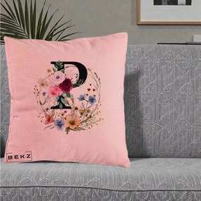 Cadou Personalizat - Perna Personalizata Monogram Litera P cu Flori Acuarela, 40x40 cm, Roz, Husa Detasabila, Perna Inclusa, BEKZ®