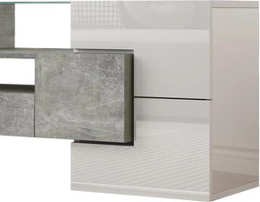 Dulap TV cu iluminare LED, suprafețe din sticlă, cu 6 uși, 2 sertare și 3 compartimente, 145x30x51 cm, Alb+Gri