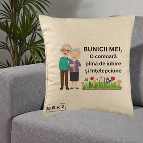 Cadou pentru Bunici - Perna Personalizata Bunicii Mei Comoara Cuplu Senior cu Flori Colorat, 40x40 cm, Bej, Husa Detasabila, Perna Inclusa, BEKZ®