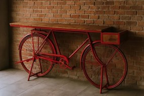 Consolă vintage tip bar din metal roșu antichizat și lemn de mango, „Bycicle"