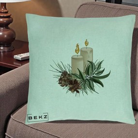 Perna Decorativa Lumanari cu Ilex si Conuri Ilustratie, 40x40 cm, Verde Menta, Husa Detasabila, Perna Inclusa, BEKZ®