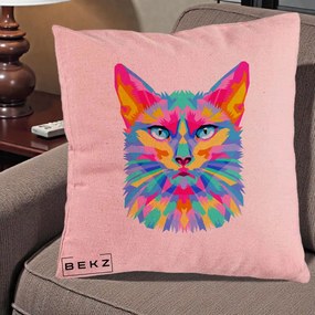 Perna Decorativa Pisica Pop Art Multicolor, 40x40 cm, Roz, Husa Detasabila, Perna Inclusa, BEKZ®