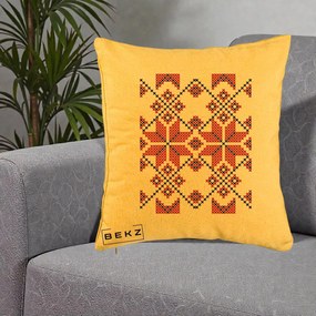 Perna Personalizata Motiv Traditional Cusatura Rosu-Negru, 40x40 cm, Galben, Husa Detasabila, Perna Inclusa, BEKZ®