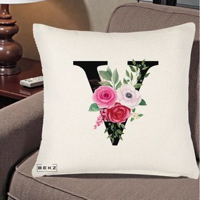 Cadou Personalizat - Perna Personalizata Monograma Florala Litera V cu Buchet, 40x40 cm, Crem Reliefat, Husa Detasabila, Perna Inclusa, BEKZ®