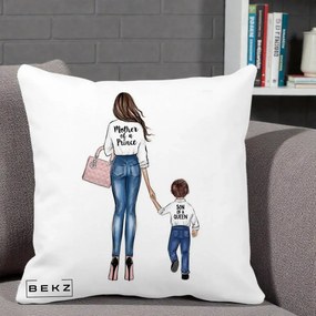 Cadou pentru Mama - Perna Personalizata Patrata Mother of a Prince, 40x40 cm, Alba Mata, Husa Detasabila, Perna Inclusa, BEKZ®