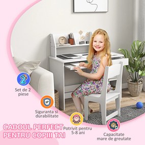 ZONEKIZ Birou Copii de 5-8 ani, si cu un raft cu multe compartimente, masa si scaun pentru copii din lemn, alb | Aosom Romania