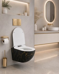 Vas WC suspendat negru cu finisaj marmorat auriu, capac duroplast soft-close
