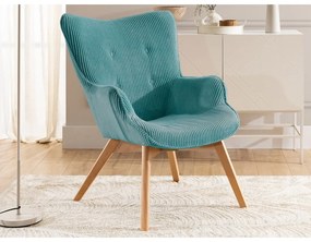 Fotoliu cu taburet turcoaz cu tapițerie din catifea reiată Niko – Ropez