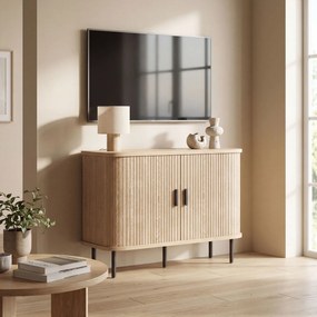 HOMCOM Bufet pentru living, corp de depozitare cu 2 uși culisante tambur cu lamele și 4 compartimente, stejar | Aosom Romania