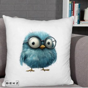 Perna Decorativa Pui Pufos Teal cu Ochelari, 40x40 cm, Alb Pufos, Husa Detasabila, Perna Inclusa, BEKZ®