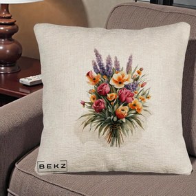 Perna Decorativa Buchet Mixt Acuarela Lavanda-Trandafiri, 40x40 cm, Bej Canapea, Husa Detasabila, Perna Inclusa, BEKZ®