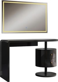 Masuta machiaj cu Oglinda LED si 2 Sertare pentru Cosmetice, Set Masa toaleta 120 cm, Negru, masuta cosmetica, vanity - SEN257