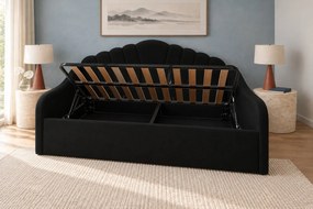 Pat tapițat pentru copii din catifea Noma 140×200 cm, negru, cu ladă de depozitare