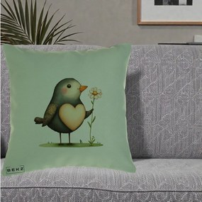 Perna Decorativa Pasare cu Inima si Margareta, 40x40 cm, Verde, Husa Detasabila, Perna Inclusa, BEKZ®